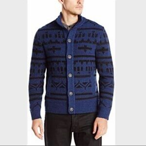 Lucky Brand Men’s Blue Aztec Cardigan Sweater, Wool Cashmere Blend, Size Large